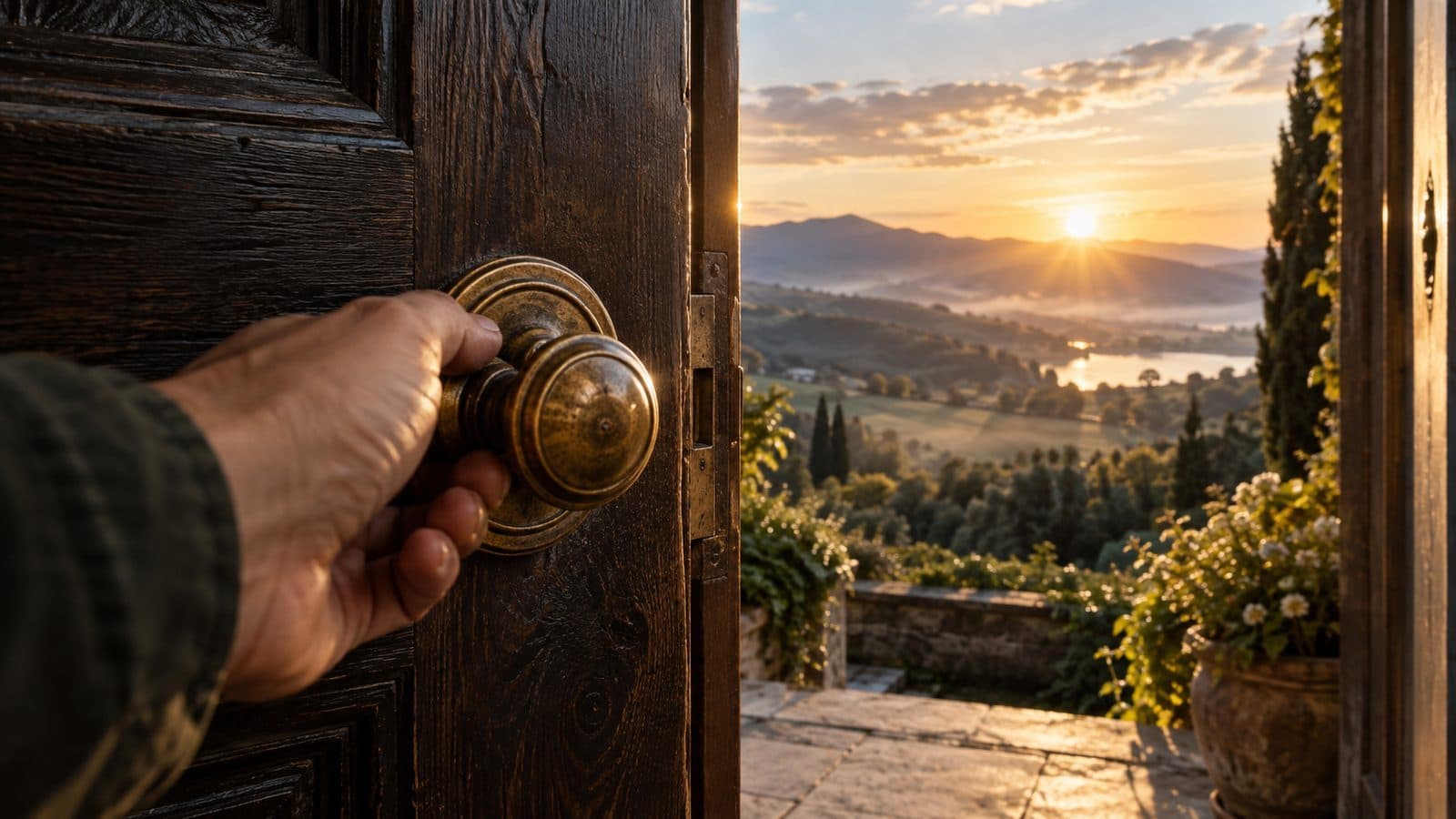 A hand turning a heavy brass door handle, the door swinging open onto a valley at sunrise
